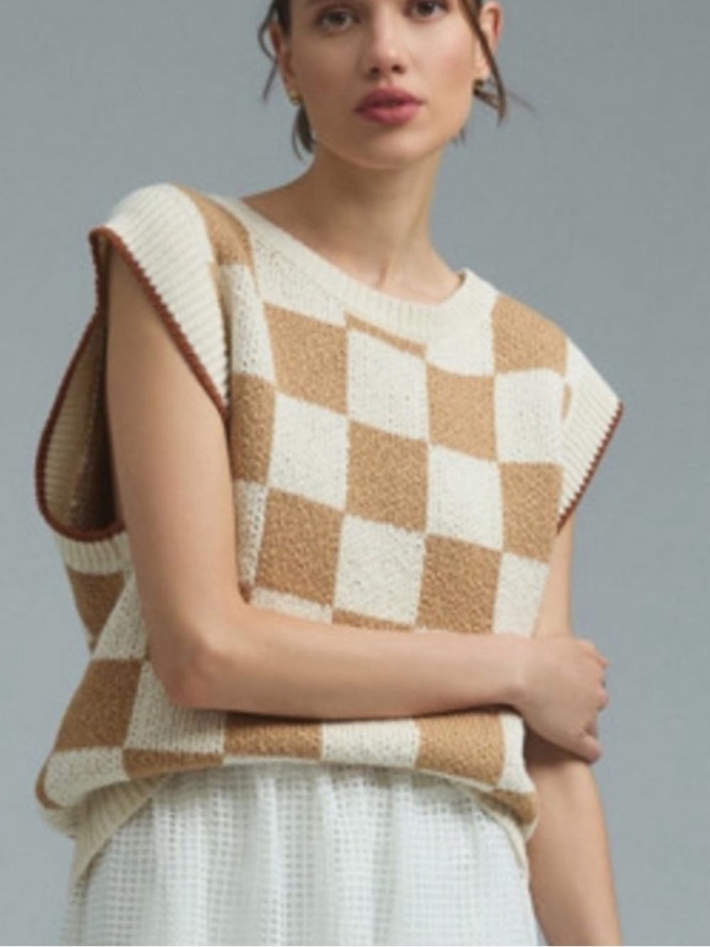Anthropologie Maeve Checkerboard Knit Sweater Vest in Cream/Tan Size XS